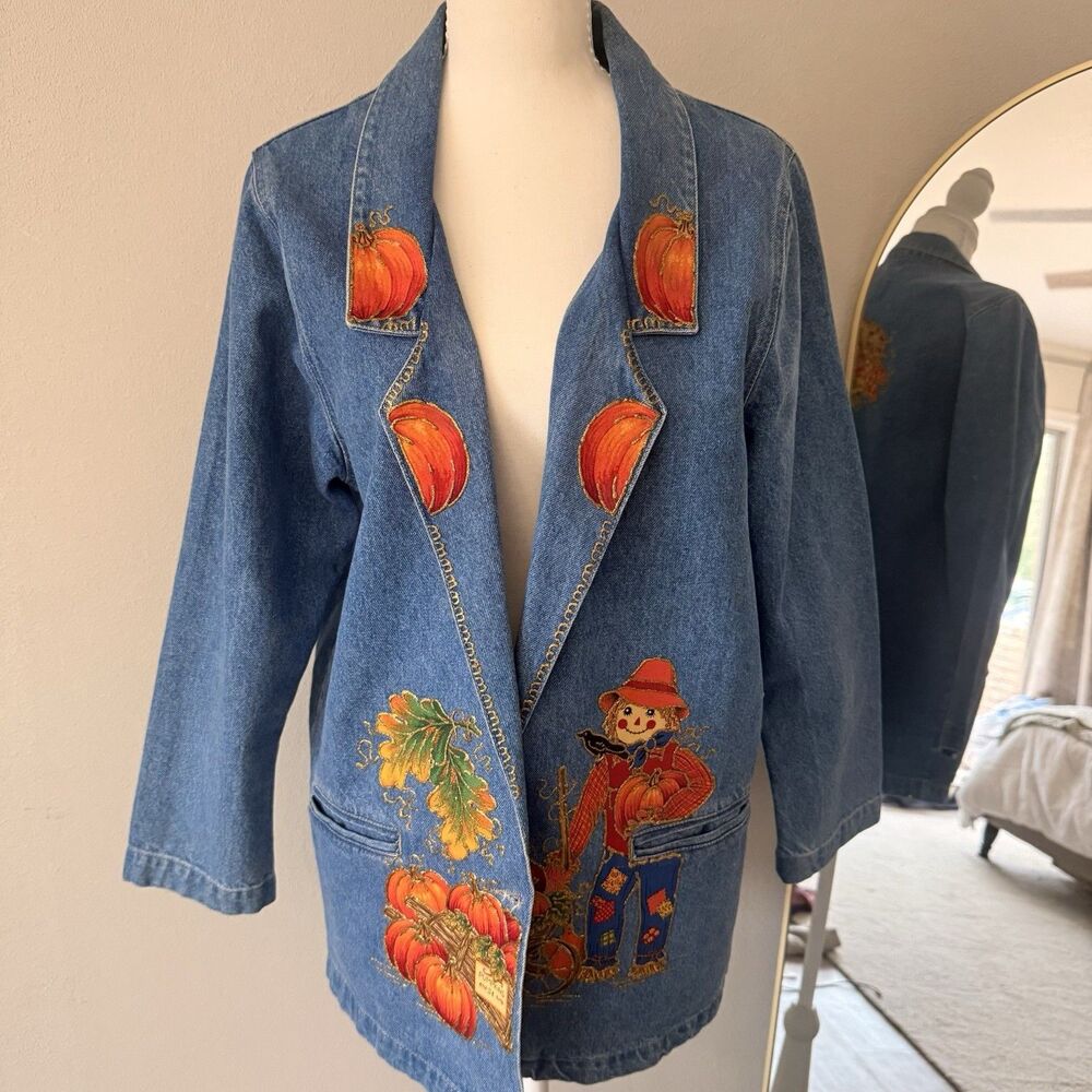 Vintage 90s Y2K Cottagecore fall Autumn Scarecrow Pumpkin Blue Jean Denim Jacket